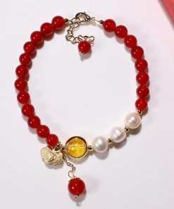 Bracelet Agate rouge, Perles d’eau douce, citrine et Or plaqué